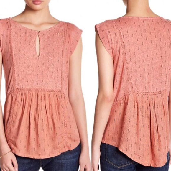 Lucky Brand Blouse Boho Peasant Top Cap Short Sleeve Tunic Modal Linen Aztec - Picture 1 of 6